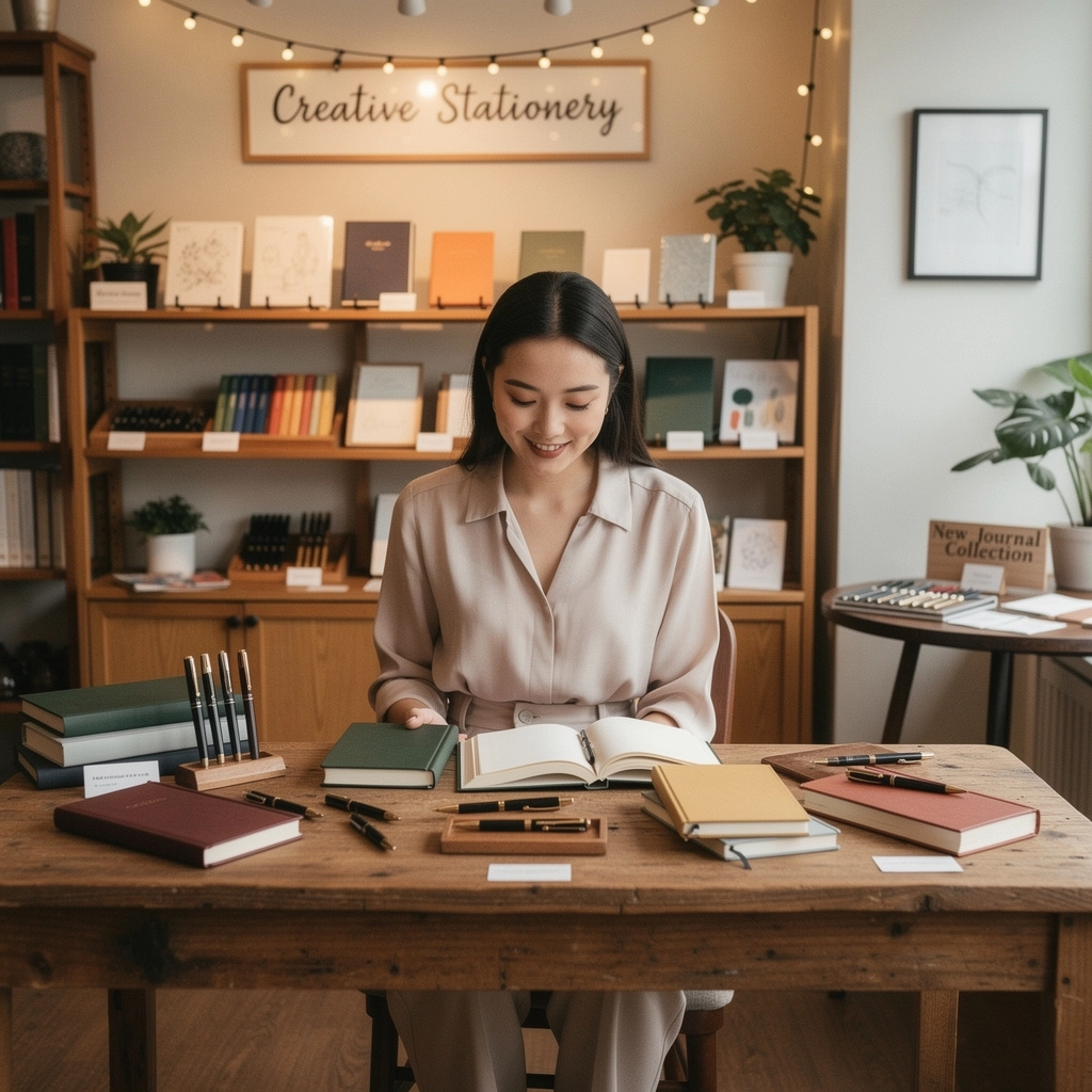 カラフルな万年筆とノートが美しく展示されている様子